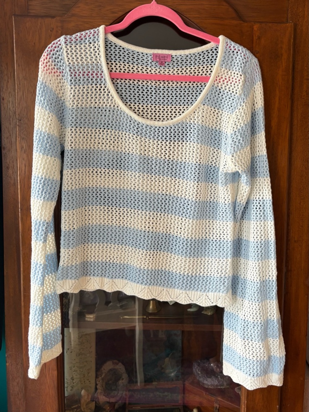 miami Light Blue and White Striped Open-Knit Scoop Neck Sweater